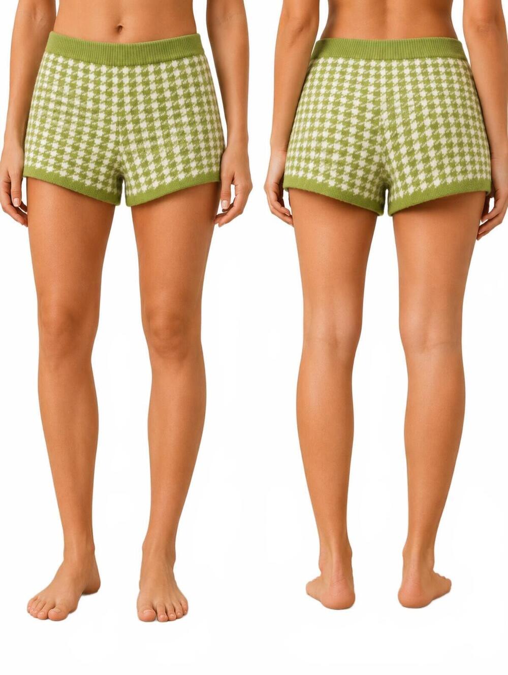 Shein Ladies Sweater Lounge Short Shorts Color(S) Green Cream Houndstooth Patter